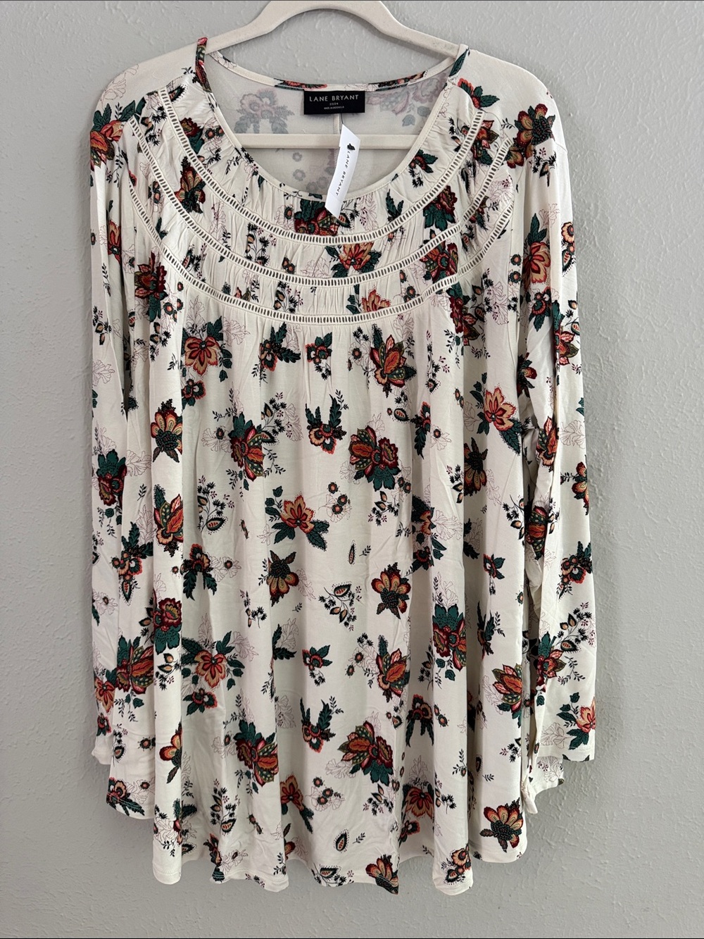 Lane Bryant Cream Floral Peasant Blouse with Green and Rust Accents